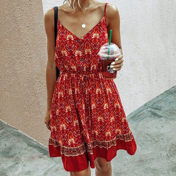 Dresses & Skirts - Boho Hippie Gypsy Floral Midi Dress - red